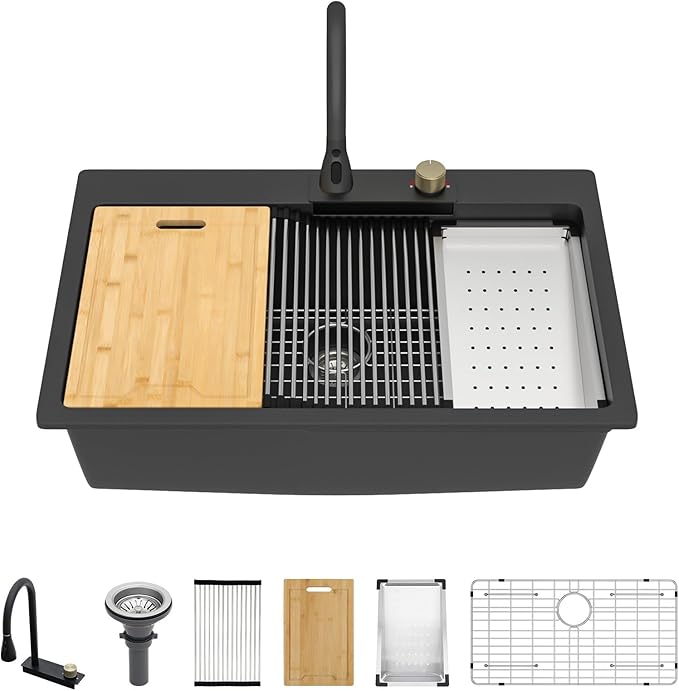 Kichae 33 Kitchen Sink Drop In Waterfall - 33"x22" Black Granite Quartz Composite Smart Single Bowl Waterfall Workstation with Pull Down Faucet Combo