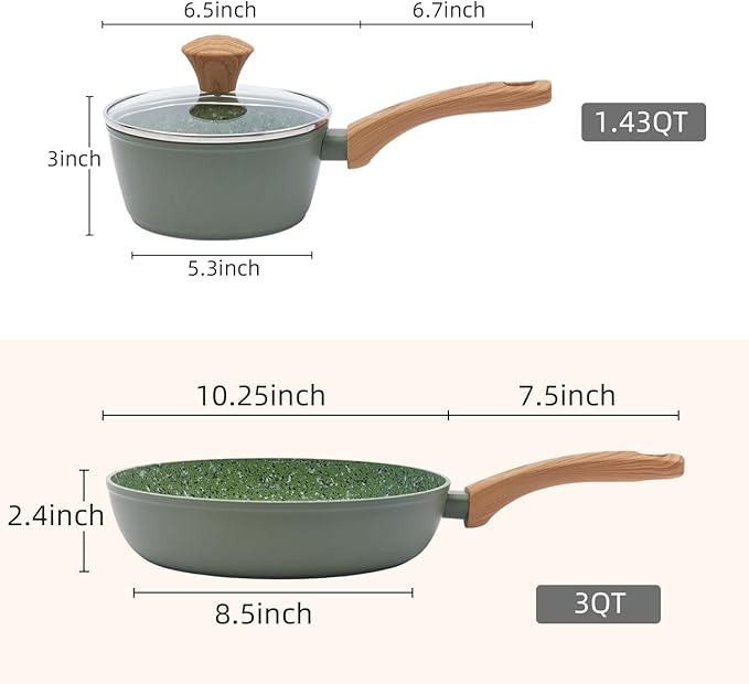 2-Piece Nonstick Cookware Set, 10.25 Inch Frying Pan & 1.43QT Saucepan with Lid | PFAS & PFOA Free Non-Toxic Coating | Induction Compatible, Dishwasher Safe | Pots and Pans Set for Beginner Kitchen