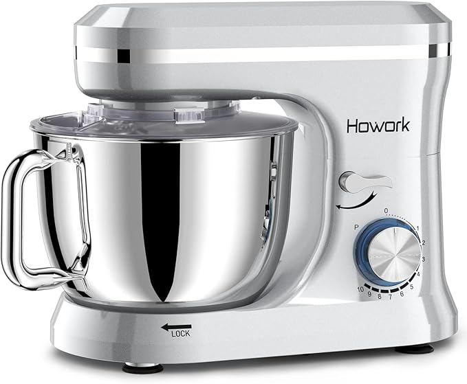HOWORK Electric Stand Mixer,10+p Speeds With 6.5QT Stainless Steel Bowl,Dough Hook, Wire Whip & Beater,for Most Home Cooks,Silver