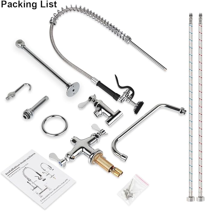 36 Inch Height Deck Mount Commercial Faucet with Pre Rinse Sprayer, Single Hole Commercial Pre Rinse Restaurant Kitchen Faucet with 12” Swing Spout for Commercial Restaurant Home Kitchens Sink