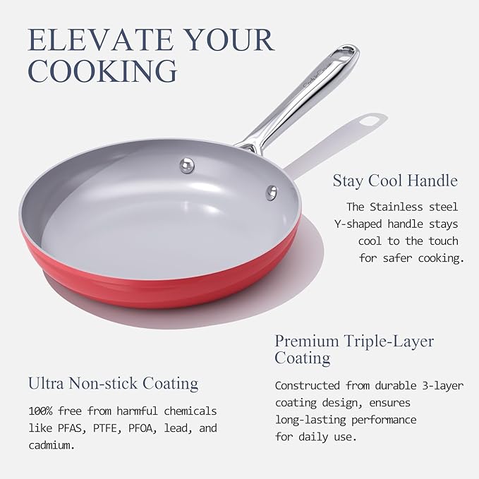 Nonstick Ceramic Frying Pan 8" for All Cooktops, PTFE/PFOA/PFAS Free, Even Heat Distribution Oven Safe to 500°F, Healthy Non Toxic Skillet w/Ergonomic Stainless Steel Handle, Fusion Red
