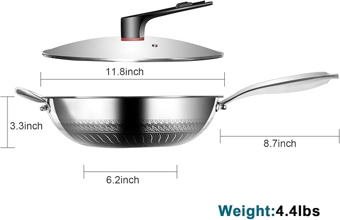 Wok, 12 Inch Stainless Steel Wok, Hybrid Nonstick Woks & Stir-fry Pans with Lid, Honeycomb Wok Pan with Stay-Cool Handle, Dishwasher and Oven Safe, PFOA Free Cookware