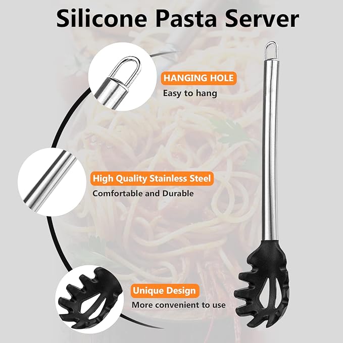 2 Pieces Spaghetti Spoon and Pasta Tong,Non-stick 13 Inch Silicone Spaghetti Fork and 9.8 Inch Stainless Steel Handle Spaghetti Tong Food Clip for Spaghetti Noodle (Black)