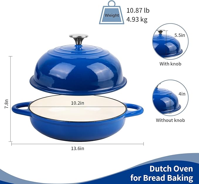 Dutch Oven for Bread Baking, 5.4 Quart Dutch Enameled Cast Iron Bread Oven, Dutch Oven for Sourdough Bread Baking, Oven Safe up to 500° F, 25 cm Blue