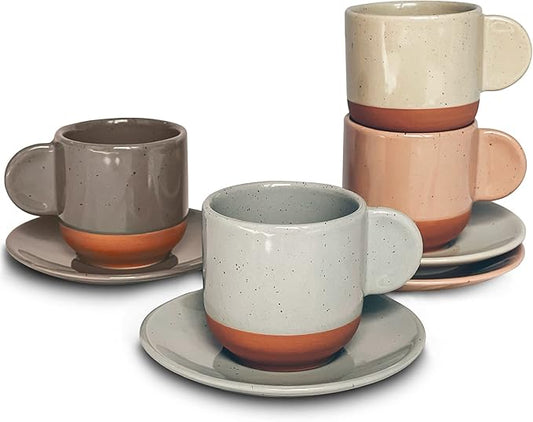 Mora Ceramic Mini Espresso Cups Set of 4, 3oz - Tiny Italian Inspired Mugs With Saucers For Small Shots of Coffee - Modern Boho Style For Any Kitchen or Cafe. Microwave Safe Porcelain - Asstd Neutrals
