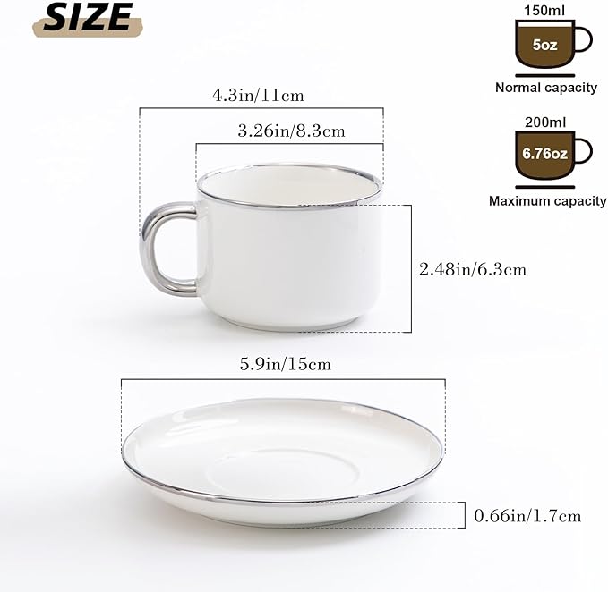 Tea Cups and Saucers with Silver Trim, 6.76 Ounce White Porcelain Tea Set & Coffee Cups for Latte, Cafe Mocha - Set of 4, Porcelain Mugs for Kitchen or Cafe (White and Silver)