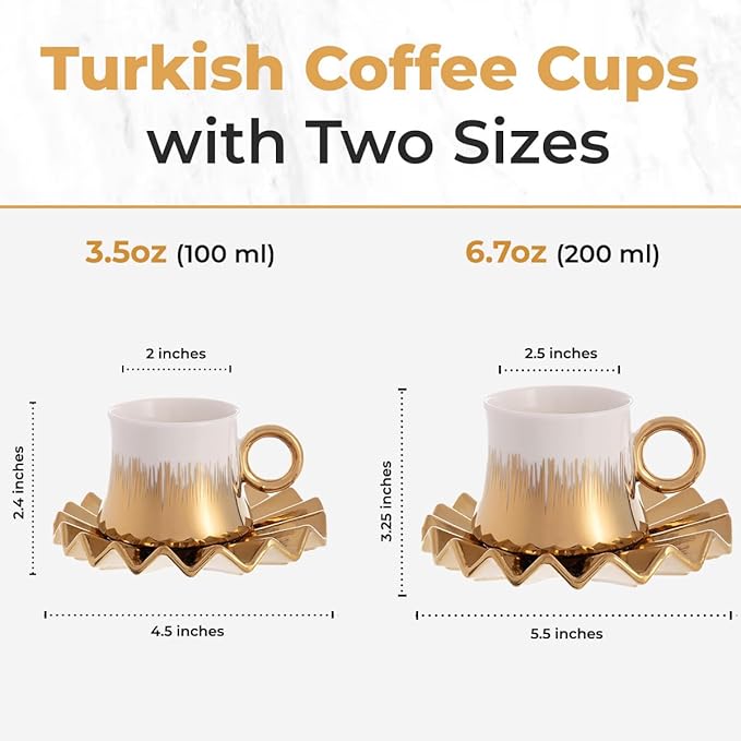 Turkish Coffee Cup Set of 6 with Saucers & Tray - Luxury Arabic Greek Japanese Marble Ceramic Tea Cups for Espresso Cappuccino Latte Mocha, Ideal Gift - 6.7oz,- White