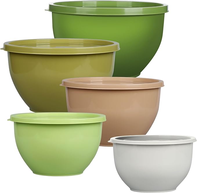 5-Piece Plastic Mixing Bowls with Lids Set for Kitchen, Nesting Bowls for Mixing, Baking, Prepping, Cooking and Serving Food, Mixing Bowls Dishwasher, Microwave Safe (5 Set-Green)