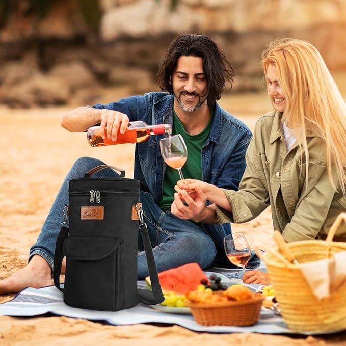 Tirrinia 2 Bottle Wine Gift Tote Carrier - Leakproof & Insulated with Large Pockets Wine Cooler Bag for Travel, Tasting, Party, Dinner