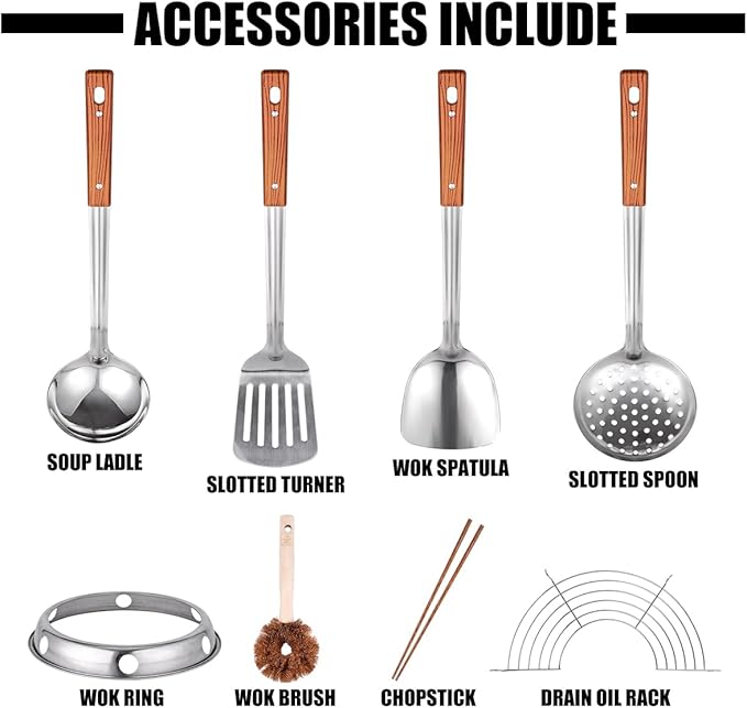 Carbon Steel Wok Traditional Hand Hammered - 13.4" Chinese Woks Round Bottom Wok Pan Set with 8 Pcs Cookware Accessories