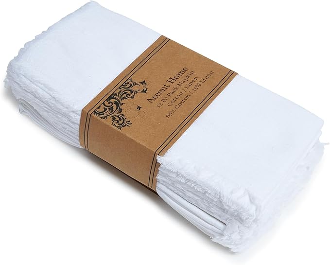 ACCENTHOME White Cotton Linen Napkin Set of 12 18x18 inch Dinner Napkins - Washable Soft Premium Hotel Quality Reusable Napkins Perfect Table Napkins for Family Dinners, Weddings & Everyday Use