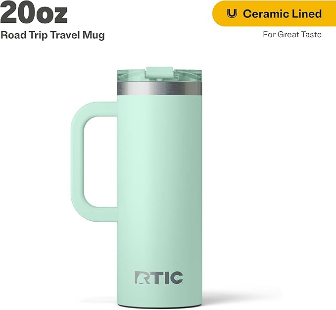 RTIC 20oz Road Trip Travel Mug with Lid and Handle, Ceramic Lined, Insulated, Stainless Steel, Metal, Double Wall Vacuum-Insulation, Portable Coffee, Tea Cup for Hot and Cold Drink, Fresh Mint