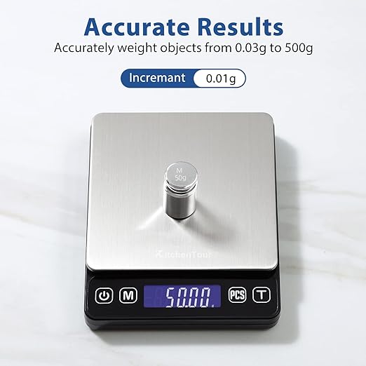 KitchenTour Digital Kitchen Scale - 500g/0.01g High Accuracy Precision Multifunction Food Meat Scale Small Scale Jewelry Lab Carat Powder Scale with Back-Lit LCD Display(Batteries Included)