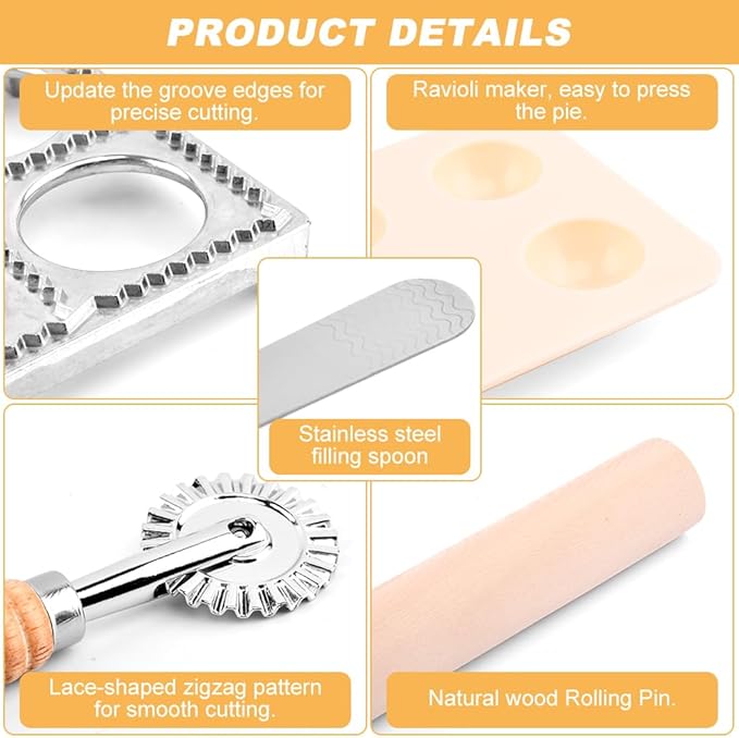 Ravioli Mold Set Include Ravioli Stamp Roller Wheel Wood Rolling Pin Pasta Making Tools Kit Pelmeni Mold Pierogi Press Maker Press Cutter, for home and restaurant