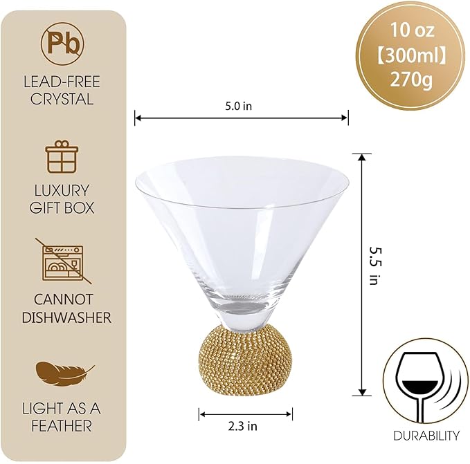 Martini Glasses Set of 4,Stemless Margarita Glasses,Unbreakable Crystal Fancy Cocktail Glasses,10 Oz Bar Glass,for Party,Birthday,Manhattan, Cosmopolitan, Home Bargifts Women (Gold Clear)