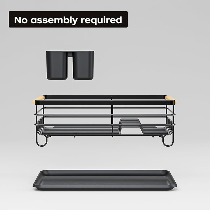 Dish Racks for Kitchen Counter: Wooden Handles, Thickened Metal, No Assembly. Small Dish Drying Rack: Ideal for Small Households. Drying Rack Kitchen: Black