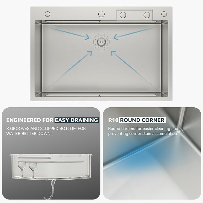 Lordear 33 Waterfall Kitchen Sink 33x22 Drop In Kitchen Sink Stainless Steel 16 Gauge Single Bowl Multifunctional Workstation Sinks with Built-in Accessories,Glass Rinser and Faucet Included