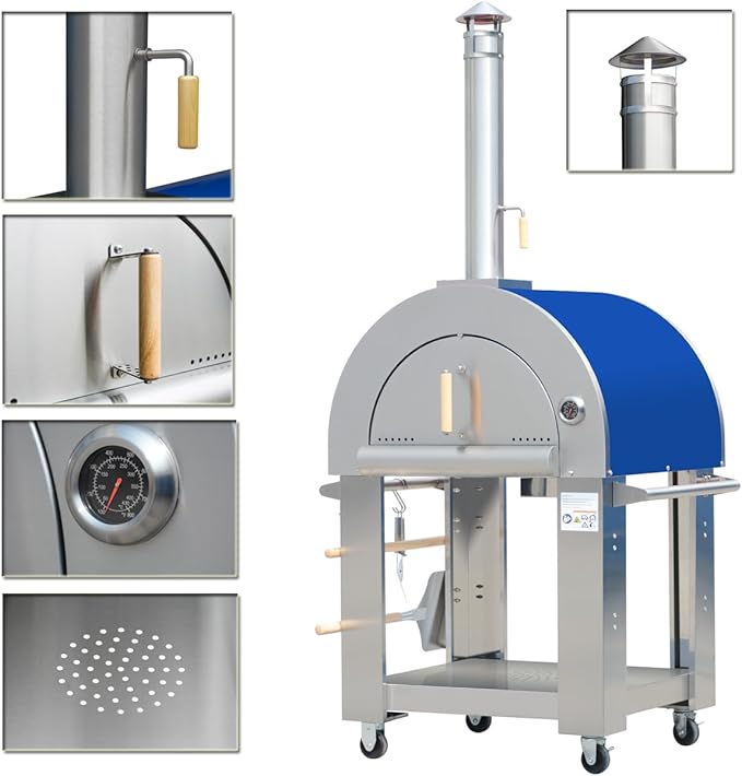 32.5" Propane Gas and Wood Fired Pizza Oven with Waterproof Cover, Large Outdoor Oven with Open Shelf and Wheels for BBQ, Grilling, Stainless Steel Pizza Oven for Outdoor, Backyard and Party (Blue)