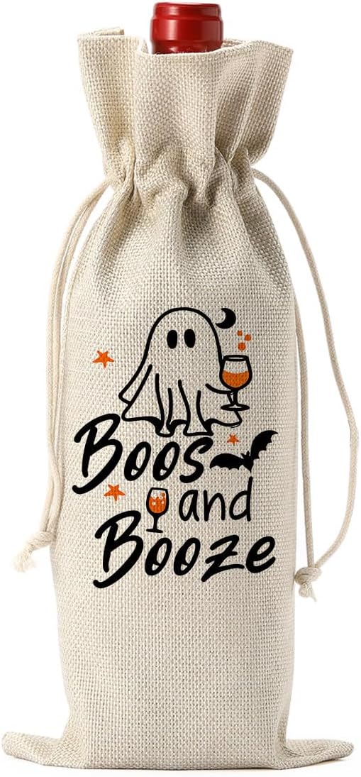 Funny Halloween Ghost Wine Bag Hocus Pocus Decor Gifts Halloween Party Supplies Home Decorations Wine Accessories for Wine Lovers Women Men Friend Boos and Booze Wine Bag