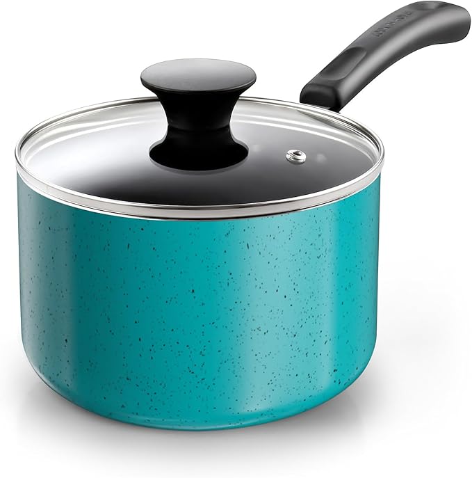 Cook N Home Non Stick Sauce Pan, 2 Quarts Saucepan with Glass Lid, Nonstick Small Multi-purpose Pot, Milk Chocolate Aluminum Cooking Pot Pan with Stay-Cool Handle, Turquoise