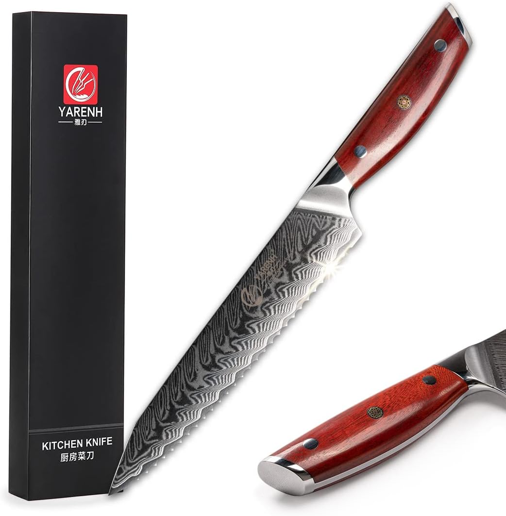 YARENH Damascus Bread Knife - 8-Inch Ultra-Sharp Serrated Knife,67-Layer Damascus Steel Blade, Long-Lasting Performance, Exquisite Sandalwood Handle, Ideal for Gifting