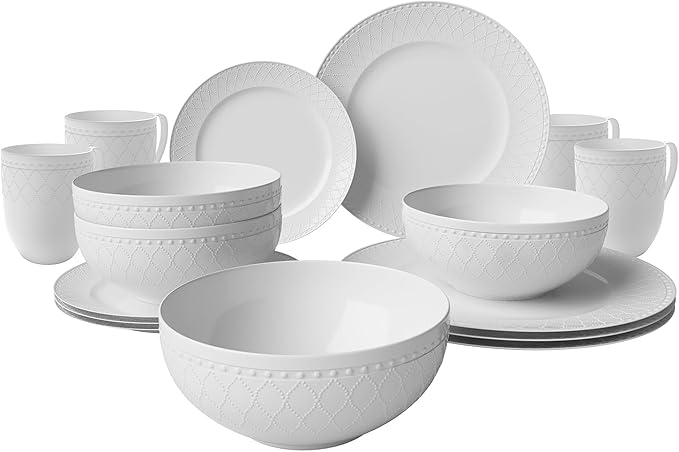 Yoshy 16-Piece White Embossed Mesh Bone China Dinnerware with Lightweight Durable Chip Resistant Design Service for 4