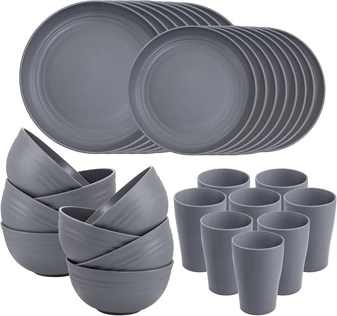 Supernal 32pcs Wheat Straw Dinnerware Sets,Unbreakable Dinnerware Sets for 8,Reusable Tableware,Dishes Set for 8,Plates and Bowls Set Dark Grey Include16pcs Plates, 8pcs Bowls, 8pcs Cups