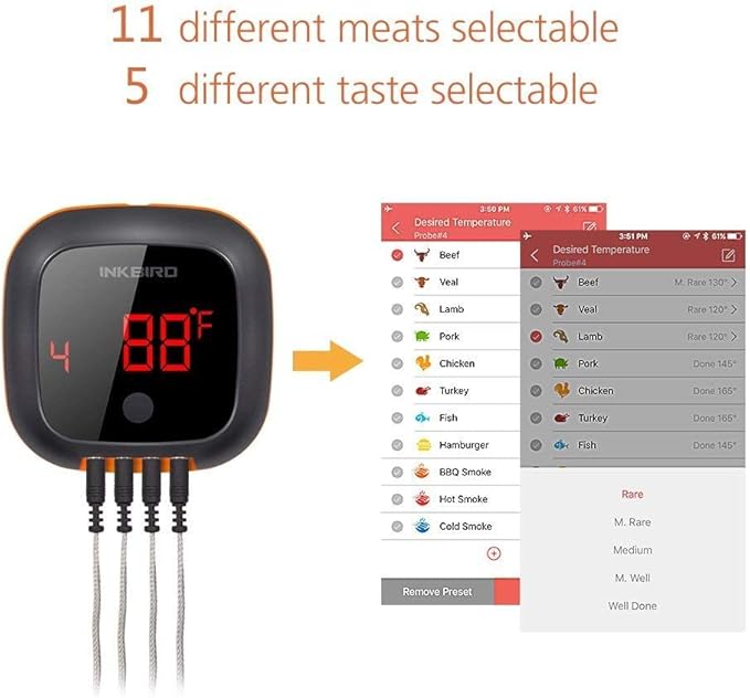 Inkbird Bluetooth Digital Wireless Meat Thermometer with 4 Probes Timer, Alarm,150 ft Barbecue Cooking Kitchen Food Meat Thermometer for Grill BBQ Smoker, Oven, Drum