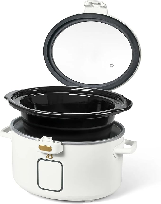Beautiful 4-Qt Programmable Slow Cooker with Hinged Locking Lid & Touch Display – 3 Heat / 4 Timer Settings (White Icing)
