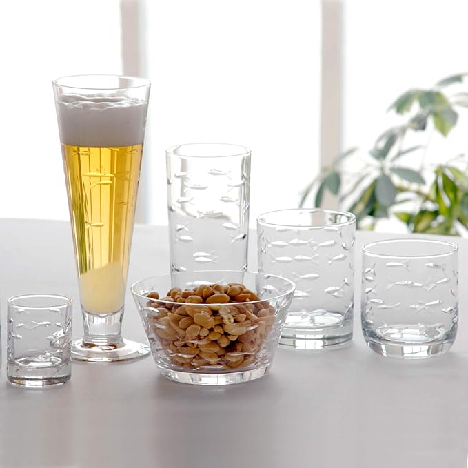 Rolf Glass School of Fish 13oz Double Old Fashioned Glass | Whiskey Glass Set of 4 | Lead-Free Glass | Engraved Tumbler Glasses | Designed and Engraved in the US