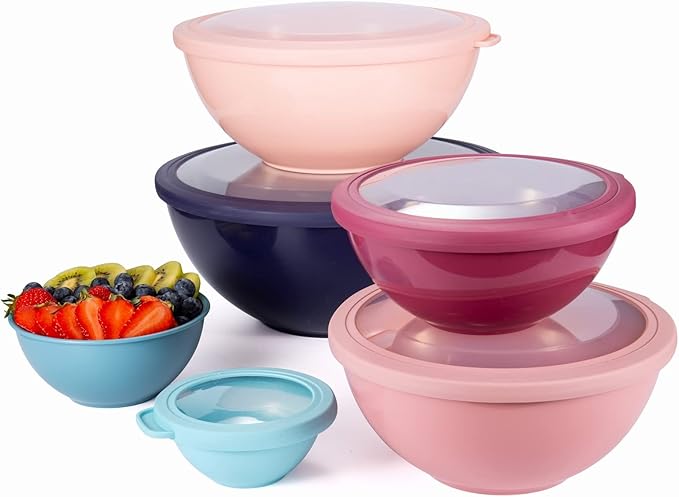 COOK WITH COLOR Mixing Bowls with TPR Lids - 12 Piece Plastic Nesting Bowls Set includes 6 Prep Bowls and 6 Lids, Microwave Safe Mixing Bowl Set (Multicolored Set with Large Blue Bowl)