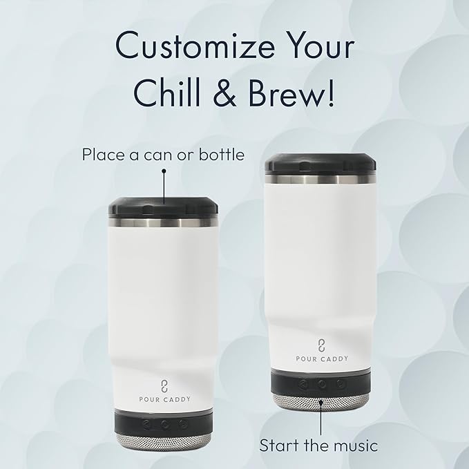 Chill & Brew, Insulated Can & Bottle Holder, Bluetooth Cup with Speaker, Fits 12 oz Cans, Skinny Cans, Most Bottles & Cold Drinks, White