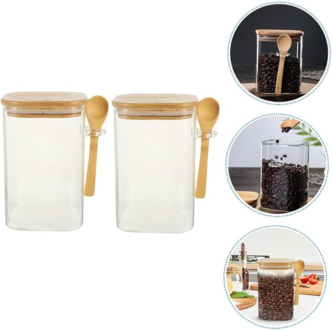 2 Sets Glass Food Storage Containers with Wood Lids and Spoons Airtight Sealed Clear Coffee Bean Holders and Tea Pots Easy Scoop Kitchen Pantry Jars for Freshness and Meal Prep