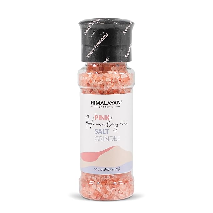 Himalayan Secrets Pink Salt Coarse Grinder - Natural Gourmet Cooking Salt, Kosher Certified, Unrefined, Mineral Rich, Bold Flavor, No Additives, Refillable Container with Ceramic Mill (8 oz)
