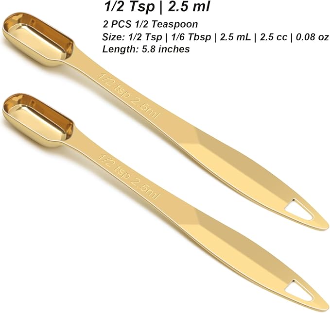2 Pcs 1/2 Teaspoon(2.5 mL | 1/2 Tsp | 1/6 Tbsp | 2.5 cc | 1/16 oz) Stainless Steel Single Measuring Spoon, Long Handle Metal Measuring Spoon, Kitchen Gadgets for Cooking & Baking(Gold)