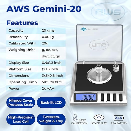 AWS Gemini-20 Milligram Scale 20g x 0.001g–Digital Jewelry/Lab Scale for Powder, Gold, Gems – Includes Calibration Weights, Tweezers & Tray–Tare, Cal, 6 Units (Gemini - 20 - Black)