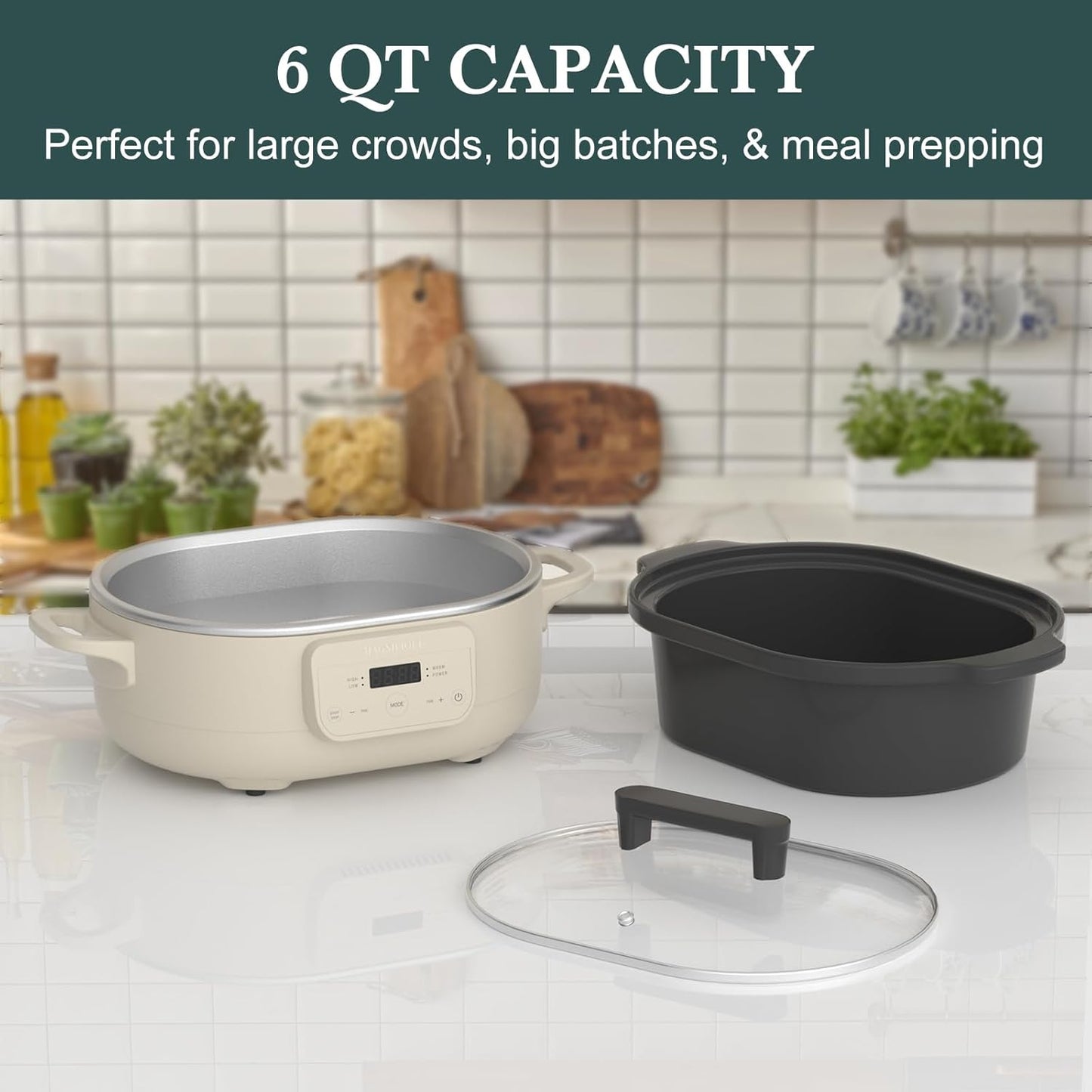 MAGNIFIQUE 6 Quart Programmable Slow Cooker Removable Healthy Nonstick Pot - Small Kitchen Appliance for Family Dinners - Serves 6+ People - Heat Settings: Keep Warm Oatmeal