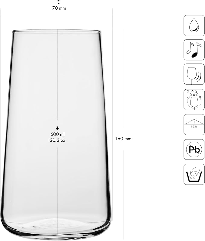 Krosno Water Glasses, Set of 4, Capacity 20 fl oz, Infinity Collection, Thin Highball Glasses,Clear Tall Glass Cups For Water, Juice, Drinks, and Cocktails, Dishwasher Safe, Made in Europe
