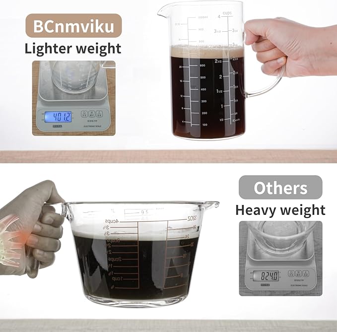 BCnmviku Glass Measuring Cup, Insulated handle, V-Shaped Spout, High Borosilicate Glass Measuring Cup 1000ML、 /1 Liter, 4 Cup for Kitchen or Restaurant, Easy To Read (1000ml-1pcs)
