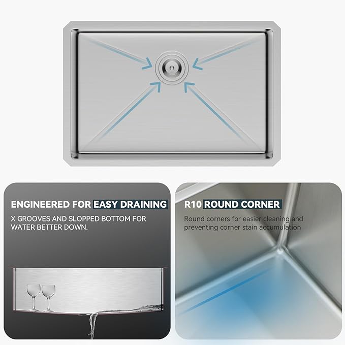 Lordear 26 inch Undermount Kitchen Sinks Stainless Steel Single Bowl Kitchen Sink Undermount 16 Gauge 10" Deep Basin 26x18 In Under Counter Sinks