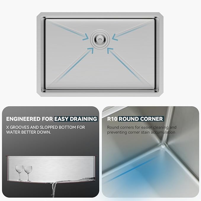 Lordear 28 Kitchen Sink Undermount 16 Gauge Stainless Steel Single Bowl Under Counter Handmade Kitchen Sink Basin, 28"x18"x10"