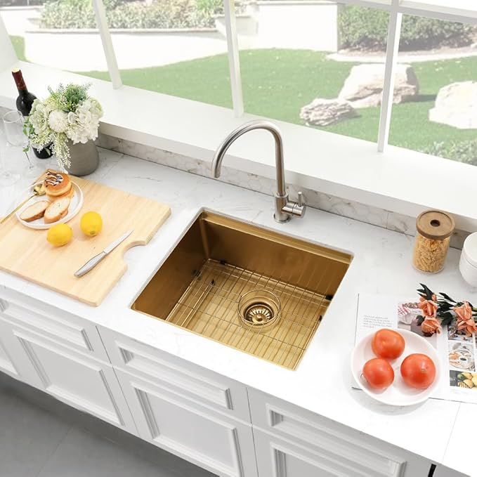 Small Gold Kitchen Sink, 21 x 18 Inch Gold Wet Bar Prep Undermount Kitchen Sink Workstation 16 Gauge Stainless Steel Single Bowl Basin