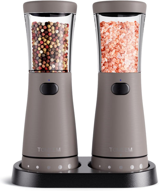 Electric Salt and Pepper Grinder Set with Storage Base, Stainless Steel Rechargeable Salt and Pepper Grinder Set with 4.5 oz Large Capacity, 1.8" Wide Mouth, Adjustable Coarseness, Ideal for Kitchen