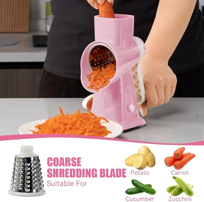 KEOUKE Rotary Cheese Grater Hand Crank Pink - Shredder Slicer Grinder 3 Stainless Steel Blades, Stable Suction, Labor-Saving Handle, Safe Kitchen Tool for Cheese, Vegetable, Nuts, Chocolate