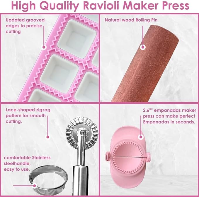 Ravioli Maker Press, Ravioli Press Mold Set, 1.4" Squares Ravioli Stamp Maker Cutter with Wood Rolling Pin, 2.6" Empanada Maker Press Kit with Dough Cutter and Ravioli Wheel, Makes 10 Ravioli