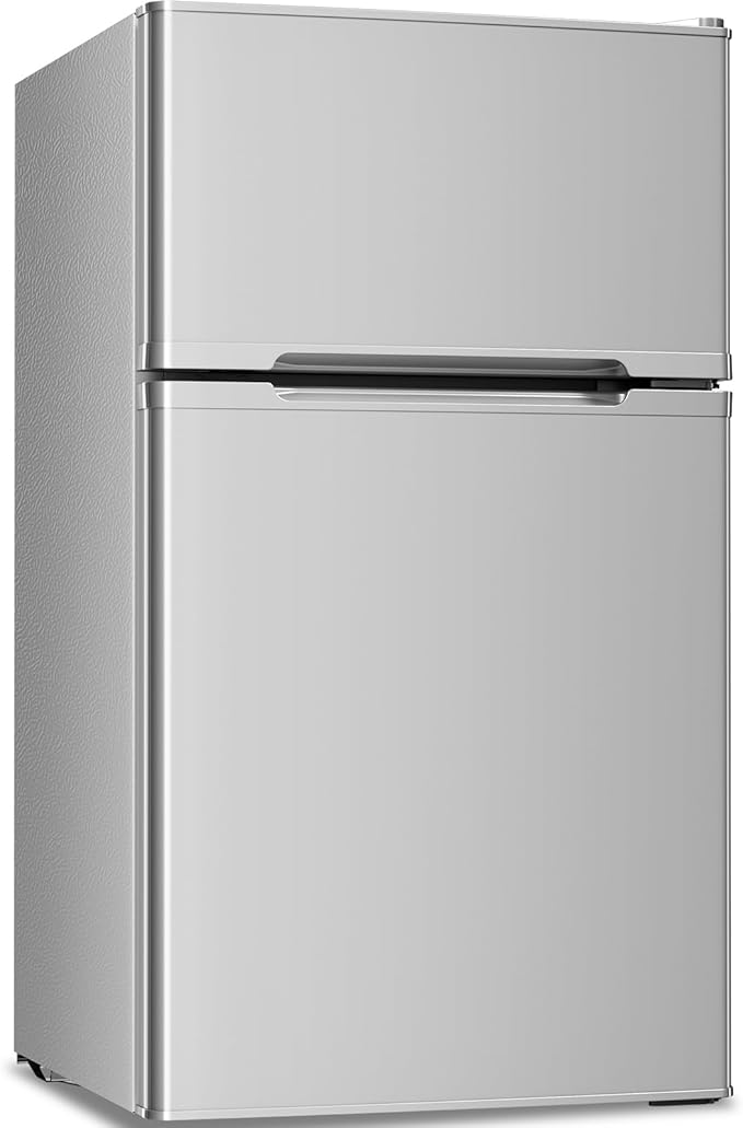 Antarctic Star Mini Compact Refrigerator, 3.2 Cu.Ft. Separate Freezer Double 2-Door Adjustable Removable Shelves For Basement/Apartment/Dorm/Office,GREY
