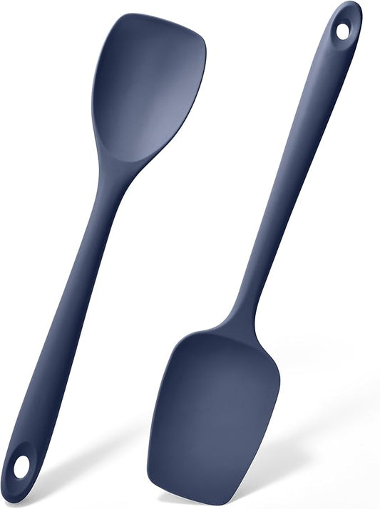Doosu Silicone Spoon Spatula Set of 2, 600ºF Heat-Resistant Food Grade Rubber Spoonula with Seamless Design, Non-Stick Dishwasher Safe Kitchen Utensils for Cooking Baking Mixing Scraping (Navy Blue)