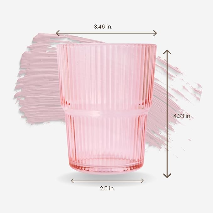 Ribbed Drinking Cups Set of 4-14oz Pink Highball Glass, Stackable Vintage Tumblers for Cocktails, Iced Coffee, Juice & Water, Elegant Everyday Glassware