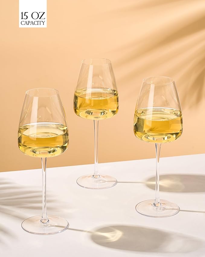 White Wine Glasses Set of 6, 15oz Crystal Wine Glasses for Red, White Wine, Long Stem Crystal Glasses with Unique Bottom Design, 440ml