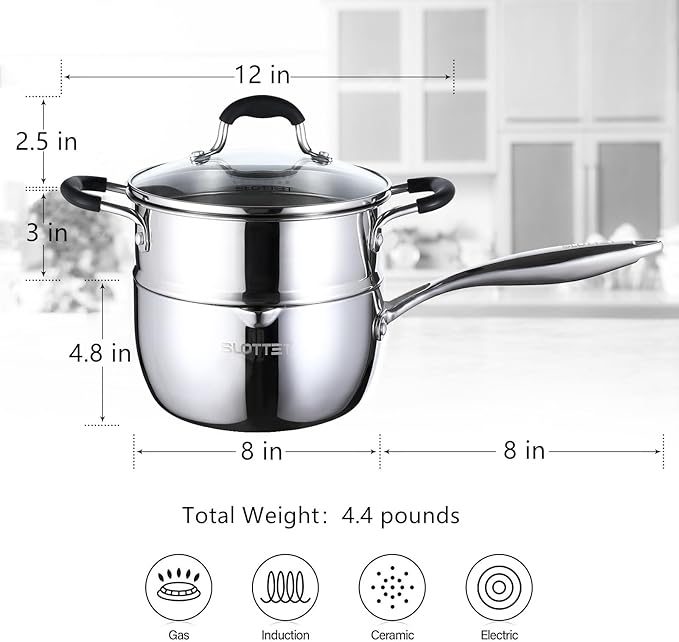3.5 Quart Stainless Steel Saucepan with Steamer, Tri-Ply Full Body Small Multipurpose Pot with Pour Spout,Strainer Glass Lid, 3 Qt Sauce Pan for Cooking with Stay-cool Handle.
